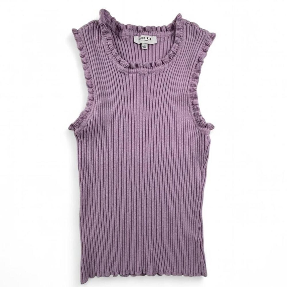 Gilli Ribbed Ruffle Tank Top Women’s L Purple Sleeveless Feminine Knit Top